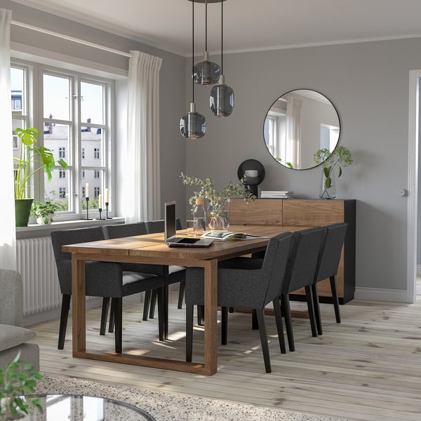 MÖRBYLÅNGA / MÅRENÄS table and 6 armchairs, oak veneer brown stained/black Gunnared dark grey, 220 cm