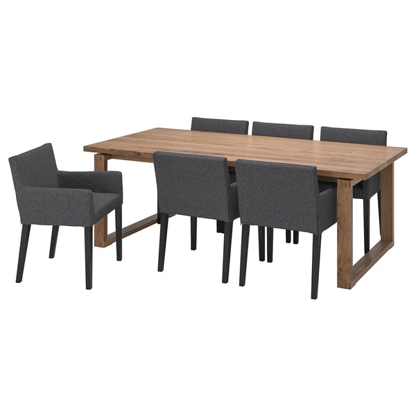 MÖRBYLÅNGA / MÅRENÄS table and 6 armchairs, oak veneer brown stained/black Gunnared dark grey, 220 cm