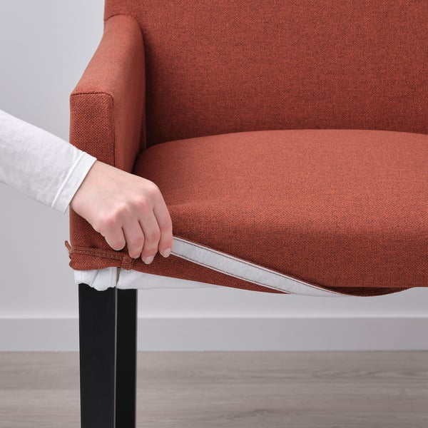 MÖRBYLÅNGA / MÅRENÄS table and 6 armchairs, oak veneer black/Gunnared red-brown, 220 cm