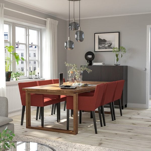 Ikea MÖRBYLÅNGA / MÅRENÄS - Table and 6 chairs with armrests, black/gunnared oak veneer, , 220 cm
