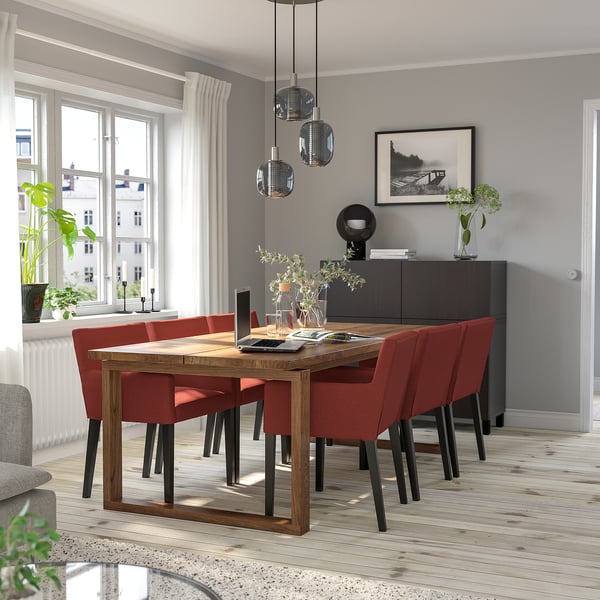 MÖRBYLÅNGA / MÅRENÄS table and 6 armchairs, oak veneer black/Gunnared red-brown, 220 cm