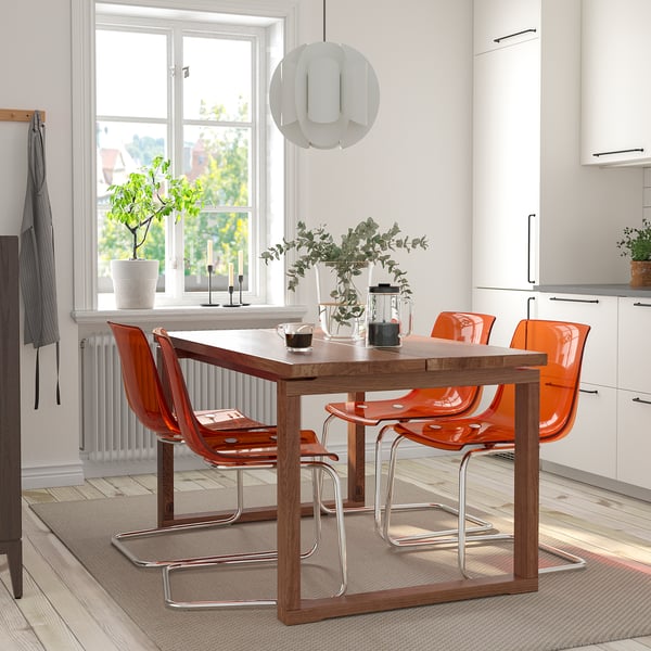MÖRBYLÅNGA / TOBIAS table and 4 chairs, oak veneer brown stained/brown-red chrome-plated, 140x85 cm