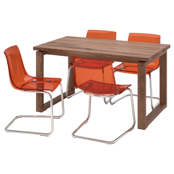 MÖRBYLÅNGA / TOBIAS table and 4 chairs, oak veneer brown stained/brown-red chrome-plated, 140x85 cm