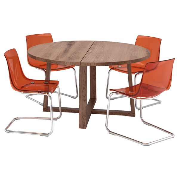 MÖRBYLÅNGA / TOBIAS table and 4 chairs, oak veneer brown stained/brown-red chrome-plated, 145 cm