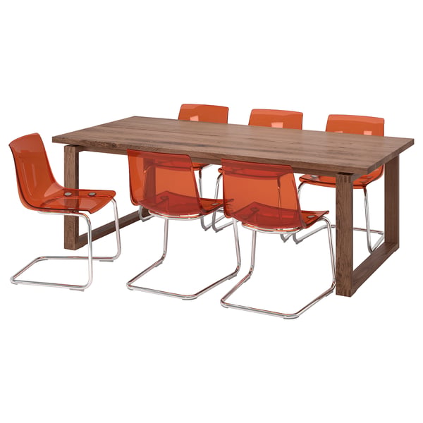 MÖRBYLÅNGA / TOBIAS table and 6 chairs, oak veneer brown stained/brown-red chrome-plated, 220x100 cm