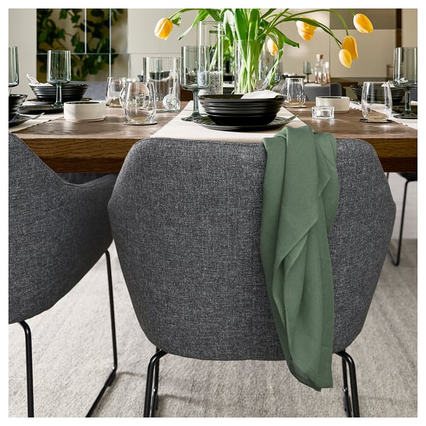 MÖRBYLÅNGA / TOSSBERG table and 6 chairs, oak veneer brown stained/Gunnared dark grey black, 220x100 cm