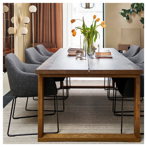 MÖRBYLÅNGA / TOSSBERG table and 6 chairs, oak veneer brown stained/Gunnared dark grey black, 220x100 cm