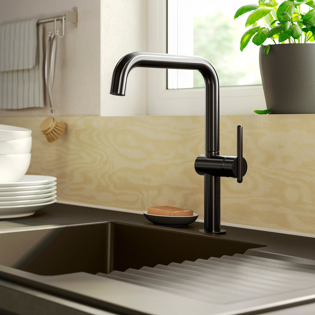 MÖRKASJÖN kitchen mixer tap single side lever, black