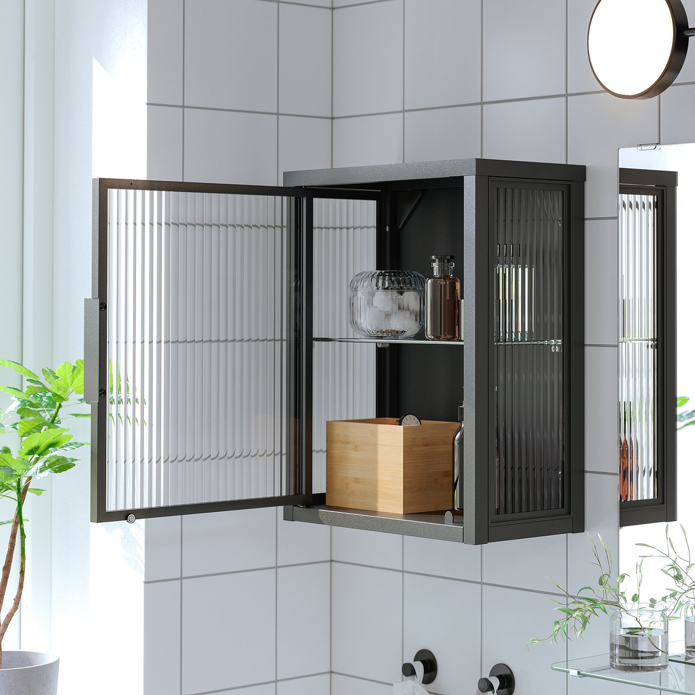 MOSSJÖN wall cabinet with glass door, anthracite, 36x44x18 cm