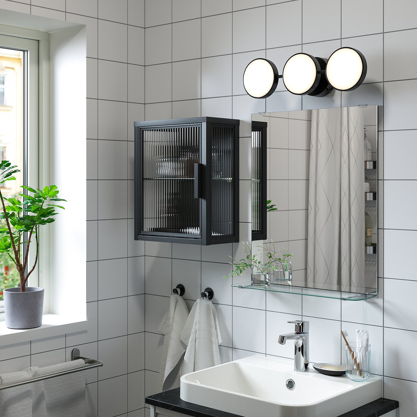 MOSSJÖN wall cabinet with glass door, anthracite, 36x18x44 cm