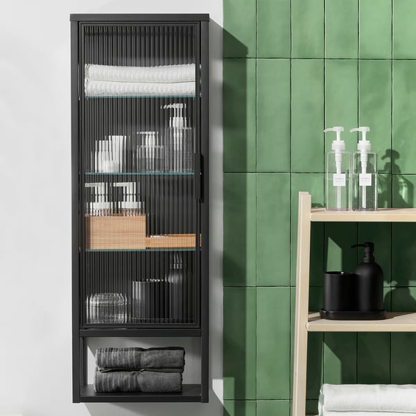 MOSSJÖN wall cabinet w shelves/glass door, anthracite, 36x18x102 cm