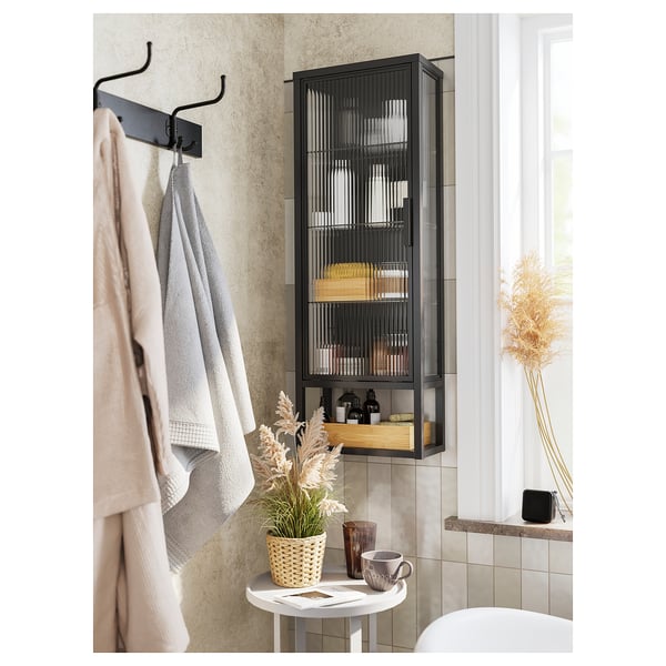 MOSSJÖN wall cabinet w shelves/glass door, anthracite, 36x18x102 cm