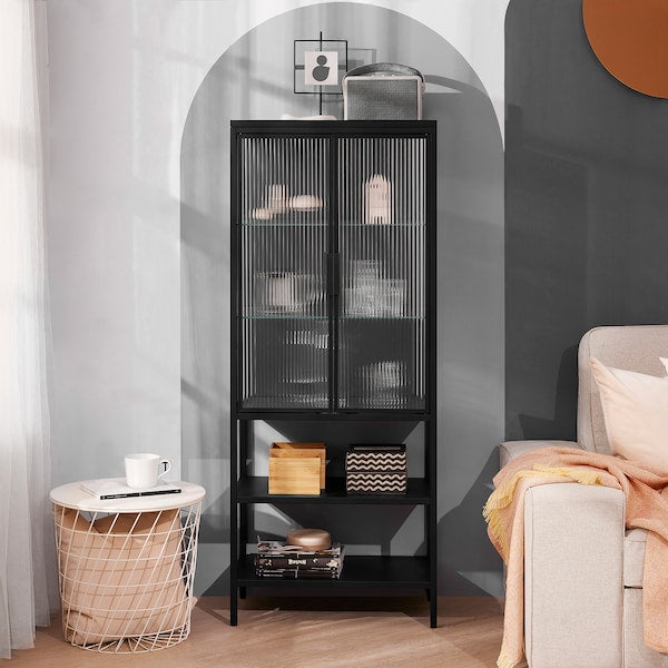 MOSSJÖN - Glass-door cabinet with 2 doors, anthracite, 60x34x146 cm