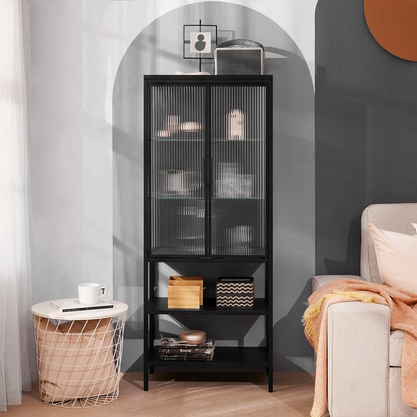 MOSSJÖN glass-door cabinet with 2 doors, anthracite, 60x34x146 cm