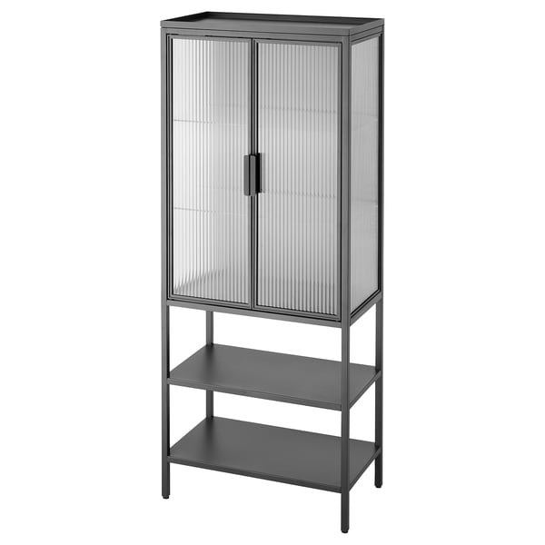 MOSSJÖN glass-door cabinet with 2 doors, anthracite, 60x34x146 cm