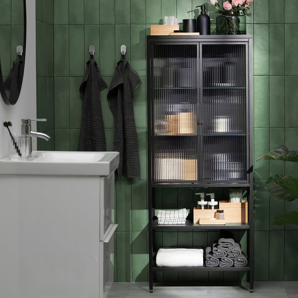 MOSSJÖN glass-door cabinet with 2 doors, anthracite, 60x34x146 cm