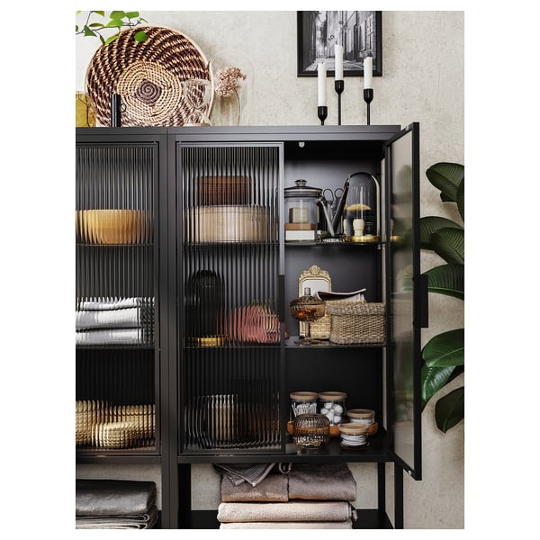 MOSSJÖN glass-door cabinet with 2 doors, anthracite, 60x34x146 cm