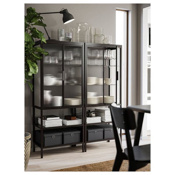 MOSSJÖN glass-door cabinet with 2 doors, anthracite, 60x34x146 cm