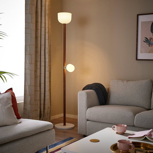MOSSPLYM floor uplighter/reading lamp, opal white glass/dark brown oak, 180 cm