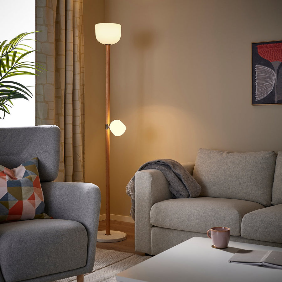 MOSSPLYM floor uplighter/reading lamp, opal white glass/oak, 21 cm