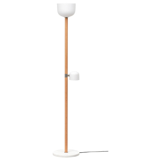 MOSSPLYM floor uplighter/reading lamp, opal white glass/oak, 180 cm