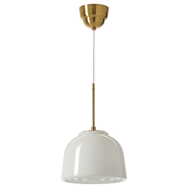 MUDDERVERK - Pendant lamp, brass/white opal glass