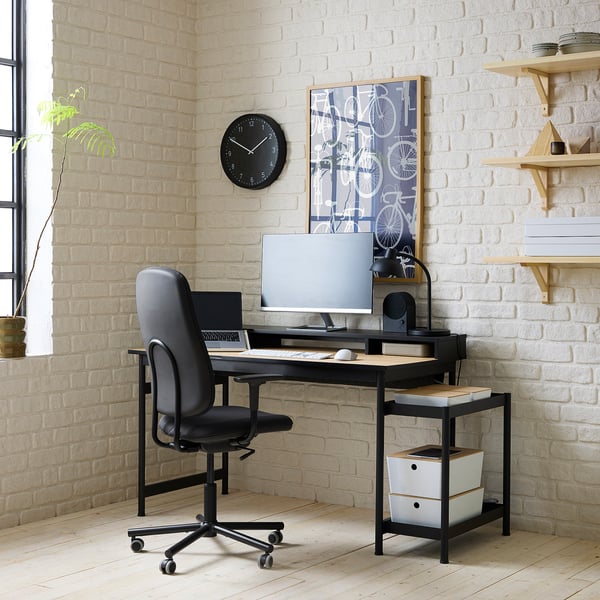 MULLSJÖ / SMÖRKULL desk and chair, oak veneer/dark grey