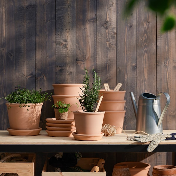 MUSKOTBLOMMA - Plant pot with saucer, in/outdoor terracotta, 12 cm