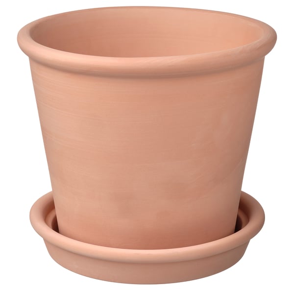 MUSKOTBLOMMA plant pot with saucer, in/outdoor terracotta, 25 cm