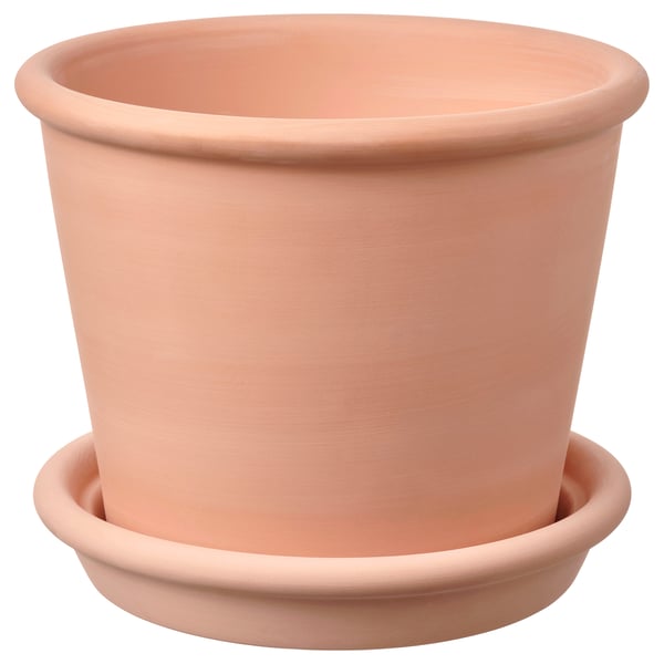 MUSKOTBLOMMA plant pot with saucer, in/outdoor terracotta, 15 cm