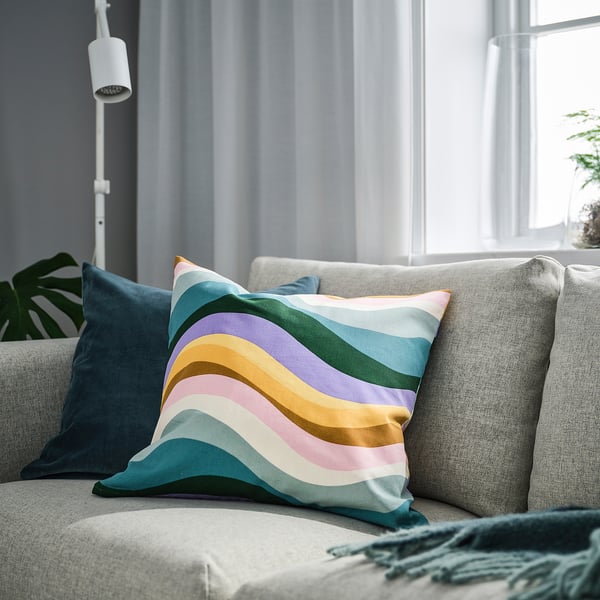 MYGGBLOMSTER cushion cover, grey-blue/multicolour, 50x50 cm