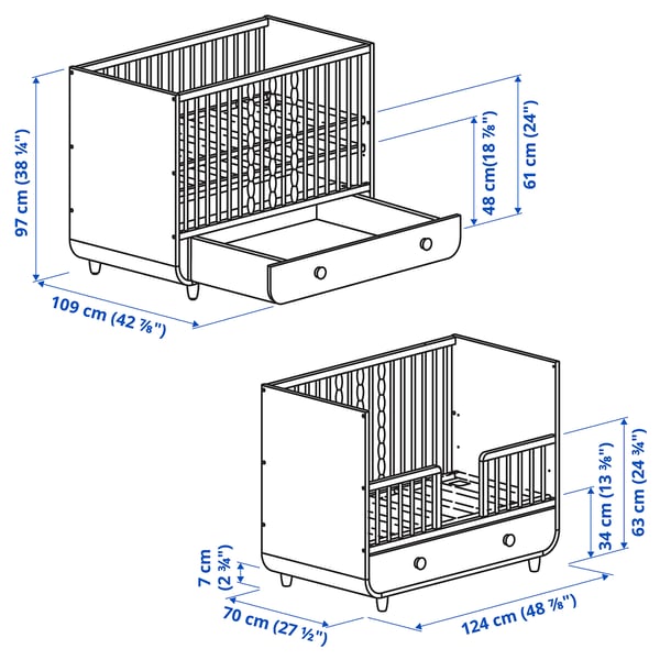 MYLLRA cot with drawer, white, 60x120 cm