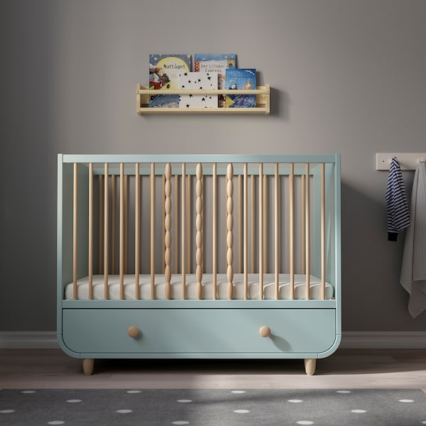 MYLLRA Cot with drawer - light turquoise 60x120 cm