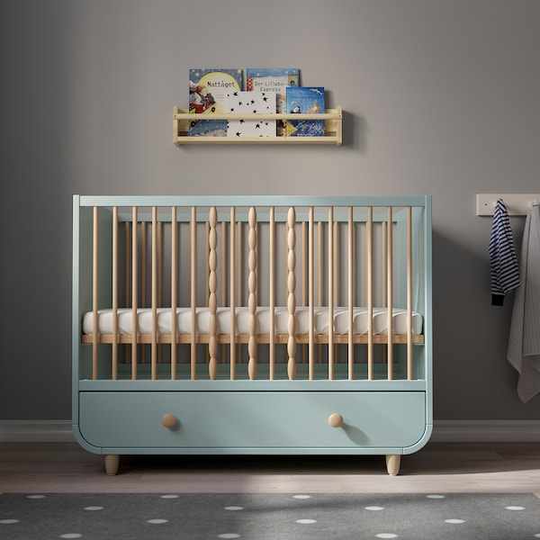 MYLLRA Cot with drawer - light turquoise 60x120 cm