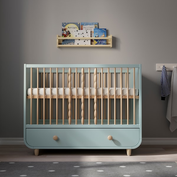 MYLLRA Cot with drawer - light turquoise 60x120 cm