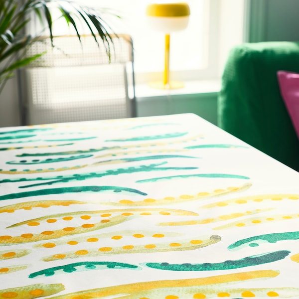 NÄBBFISK - Tablecloth, patterned yellow/green/white round, 150 cm