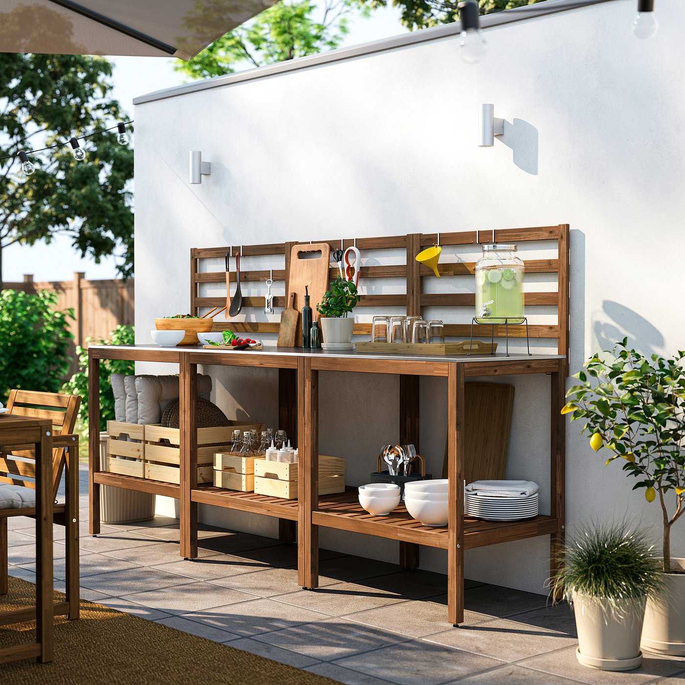 NÄMMARÖ outdoor kitchen, light brown stained/stainless steel, 240x62 cm
