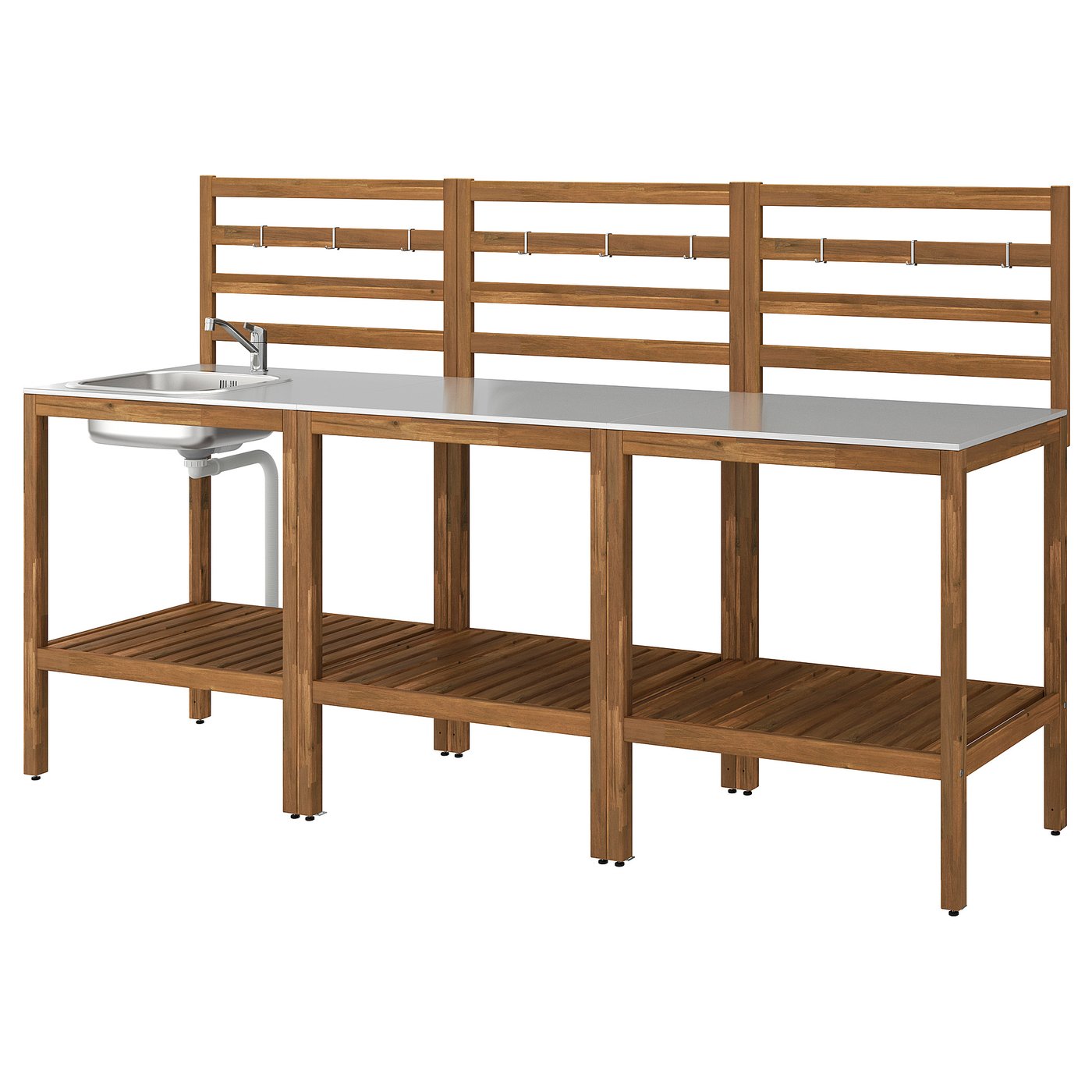 NÄMMARÖ kitchen with sink unit, outdoor, light brown stained/stainless steel, 240x62 cm