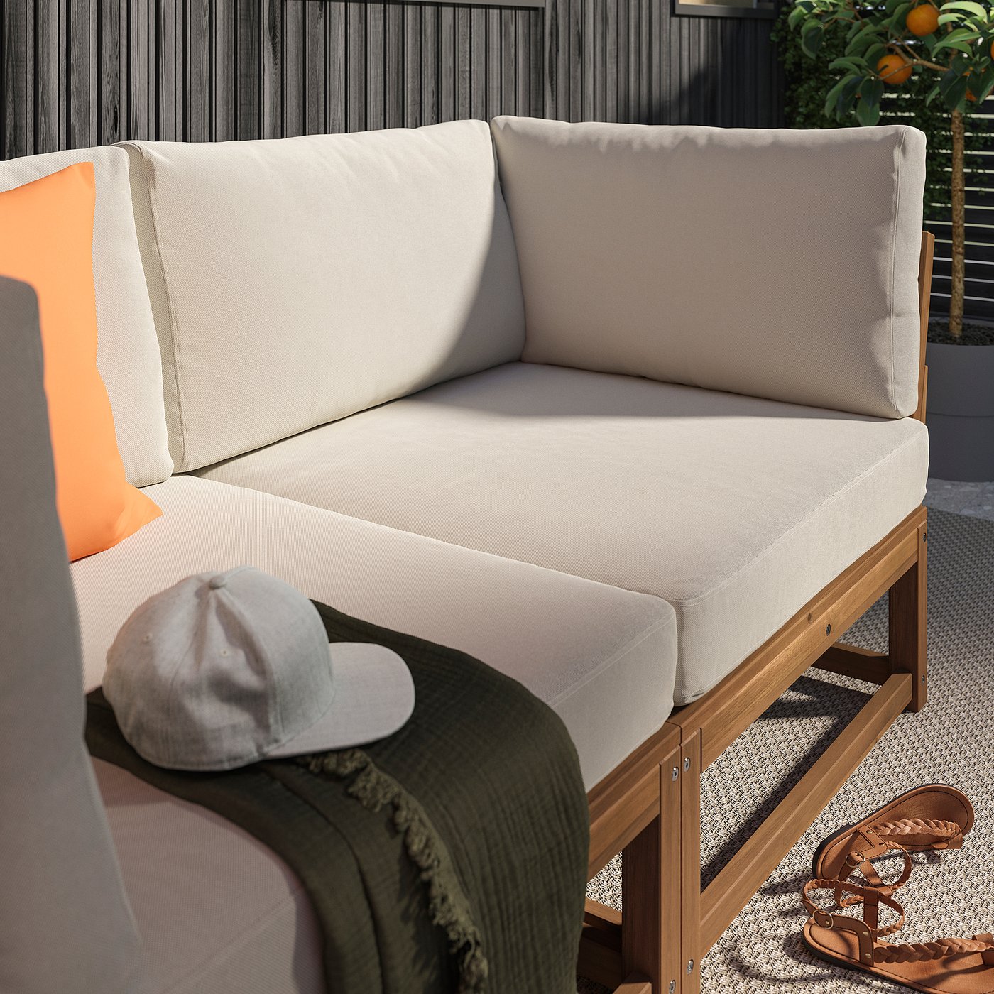 NÄMMARÖ 3-seat modular sofa, outdoor armrests/light brown stained Frösön/Duvholmen beige, 263x86x92 cm