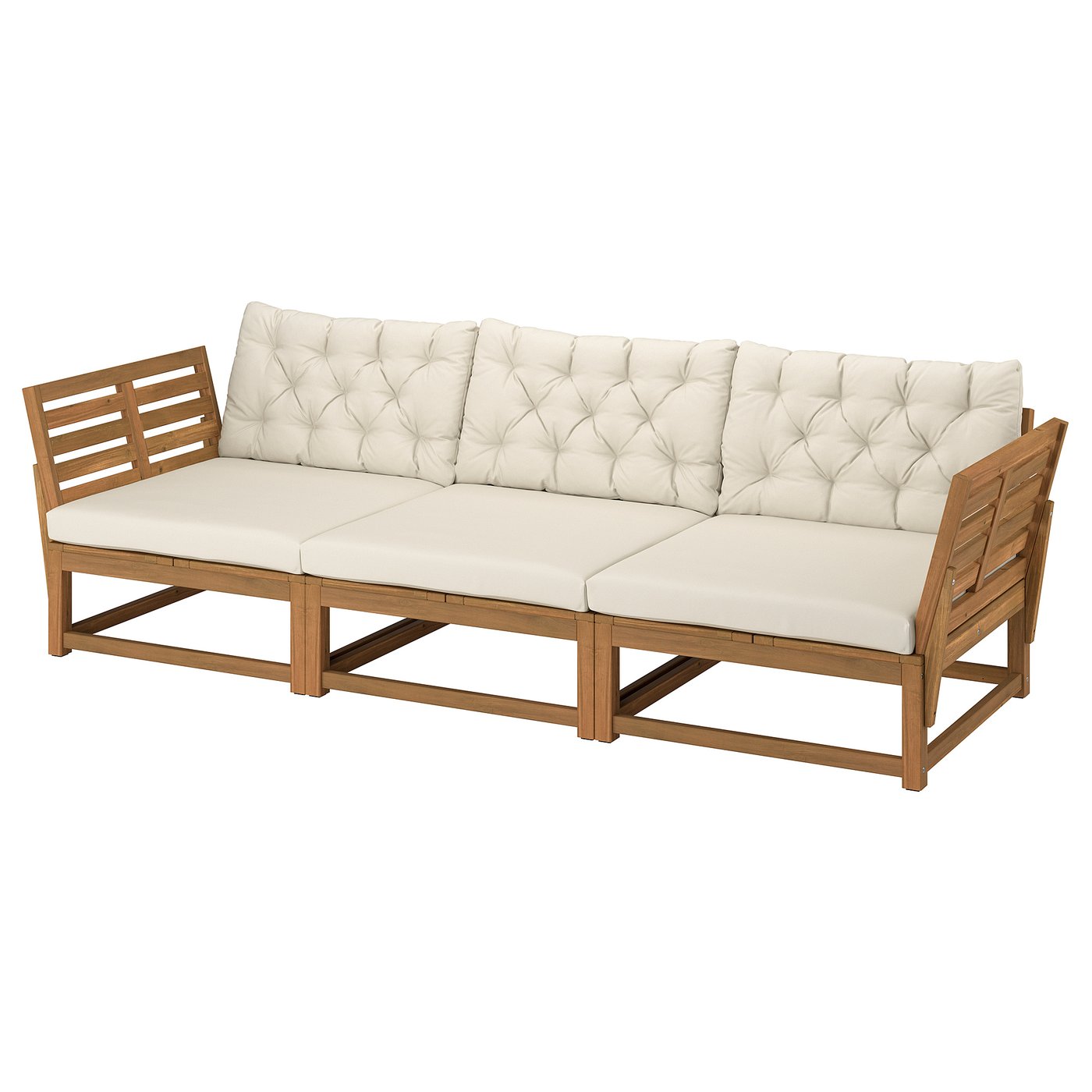 NÄMMARÖ 3-seat modular sofa, outdoor armrests/light brown stained Kuddarna light grey-beige, 263x86x92 cm