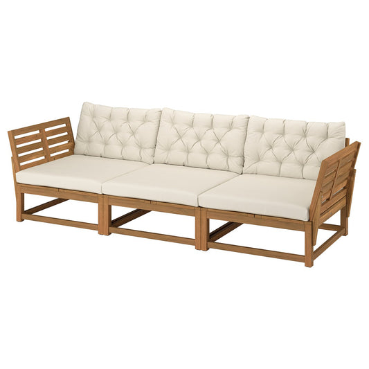 NÄMMARÖ 3-seat modular sofa, outdoor armrests/light brown stained Kuddarna light grey-beige, 263x86x92 cm