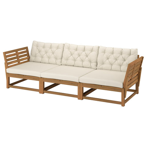 NÄMMARÖ 3-seat modular sofa, outdoor armrests/light brown stained Kuddarna light grey-beige, 263x86x92 cm