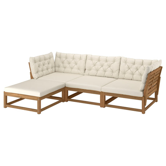 NÄMMARÖ 3-seat sofa, outdoor with footstool/light brown stained Kuddarna light grey-beige, 264 cm