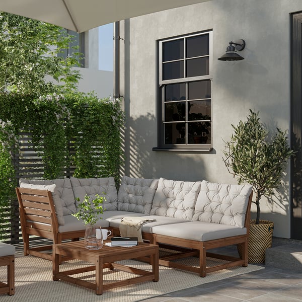 NÄMMARÖ modular corner sofa, 3-seat, outdoor light brown stained/Kuddarna light grey-beige, 210 cm
