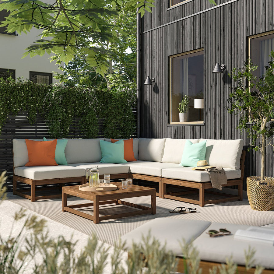 NÄMMARÖ 4-seat modular corner sofa, outdoor light brown stained/Frösön/Duvholmen beige, 254 cm