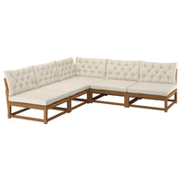 NÄMMARÖ 4-seat modular corner sofa, outdoor light brown stained/Kuddarna light grey-beige, 254 cm