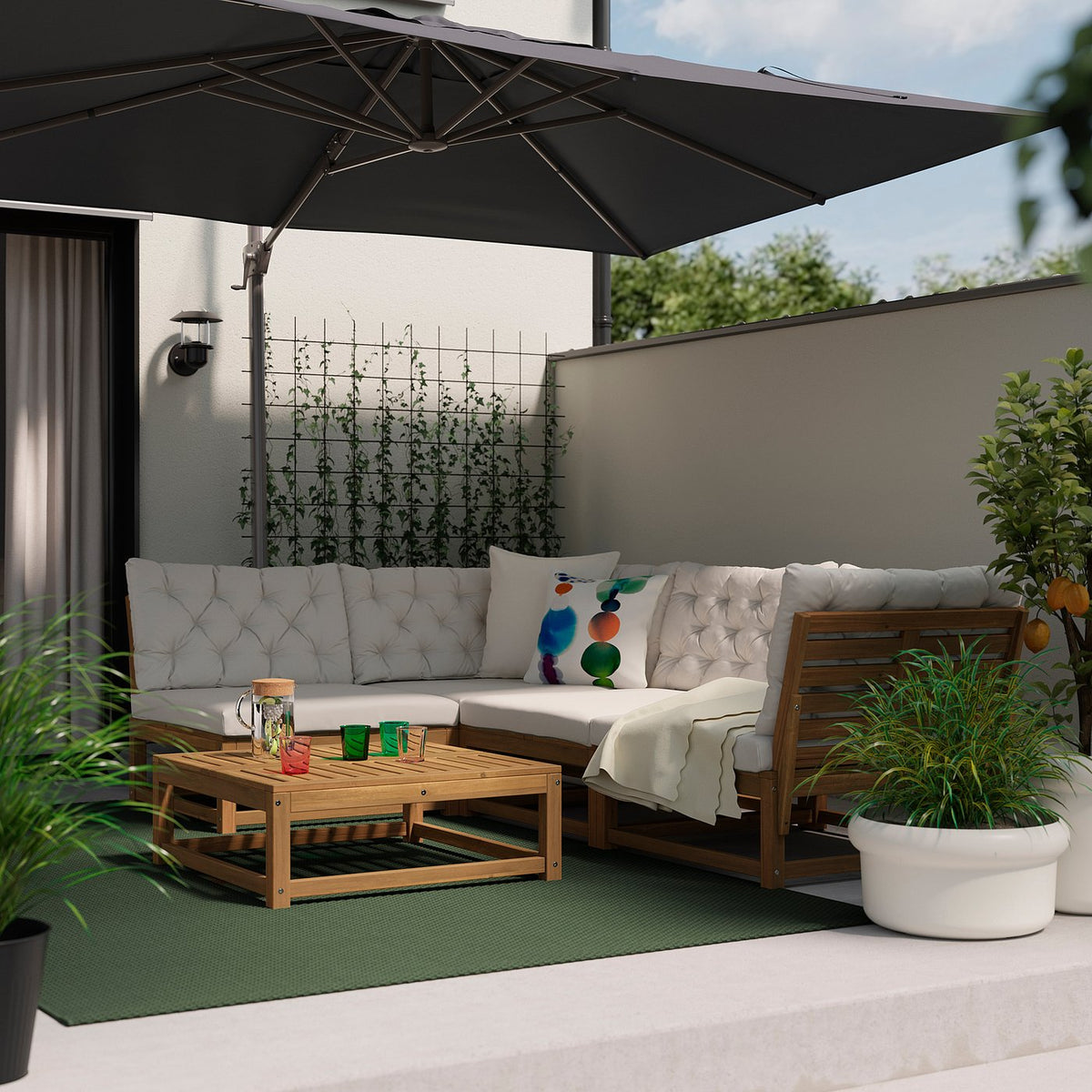 NÄMMARÖ corner sofa, 3-seat, outdoor light brown stained/Kuddarna light grey-beige, 264 cm