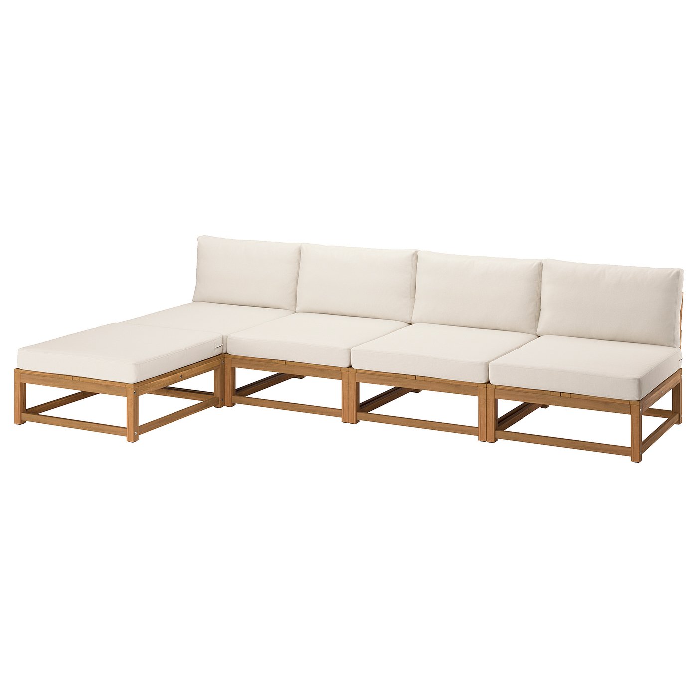 NÄMMARÖ 4-seat mod sofa w chaise longue, outdoor light brown stained/Frösön/Duvholmen beige, 324 cm