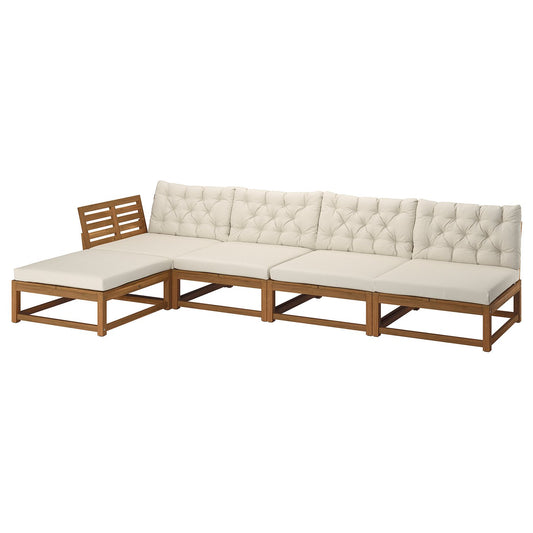 NÄMMARÖ 4-seat mod sofa w chaise longue, outdoor light brown stained/Kuddarna light grey-beige, 243x86x173 cm