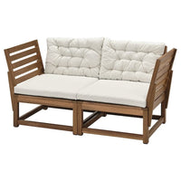 NÄMMARÖ 2-seat modular sofa, outdoor, armrests light brown stained/Kuddarna light grey-beige, 147 cm